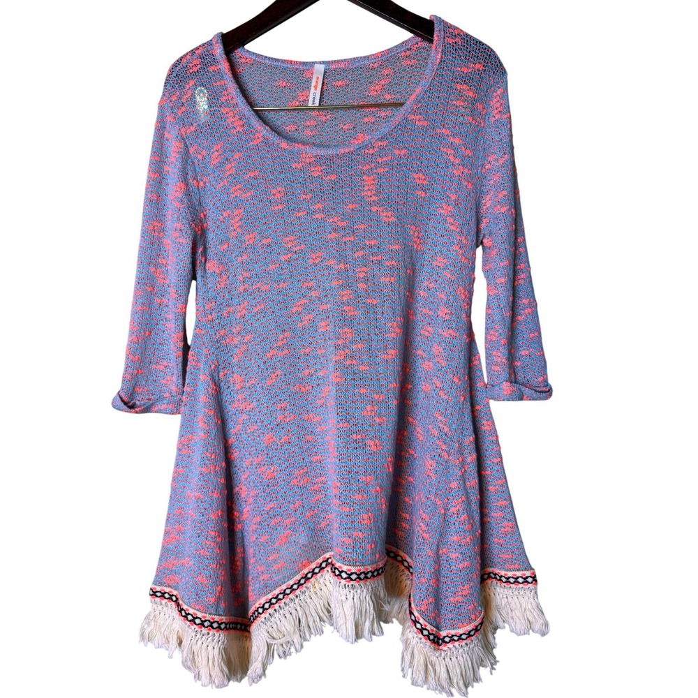 Orange Creek Women's Small Blue Coral Space Dye Fringe Sharkbite Tunic Top Boho
